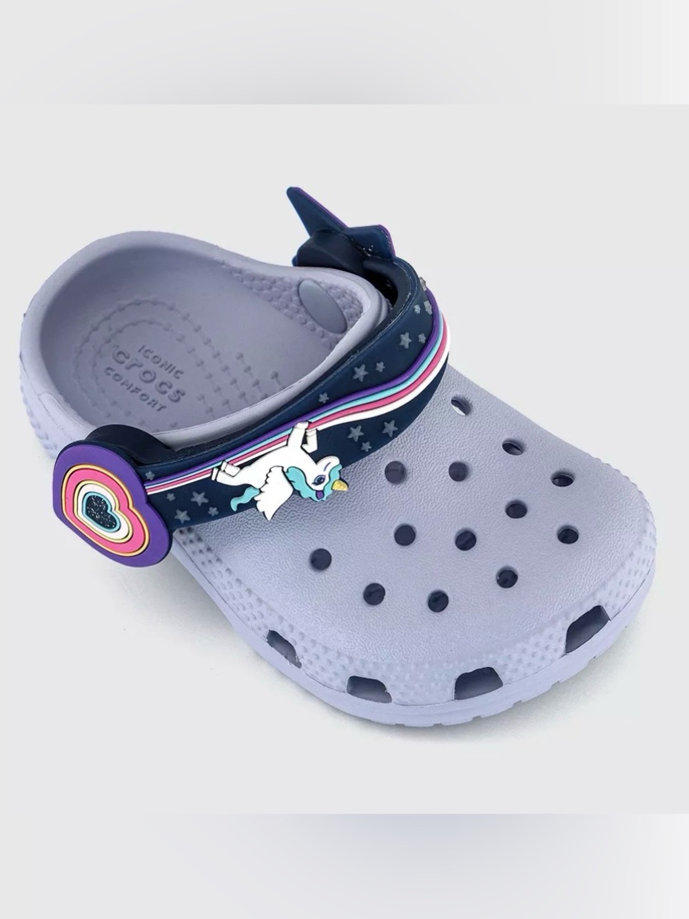 CROCS Kids Classic Clog in Lavender with Navy Strap and Unicorn Charm